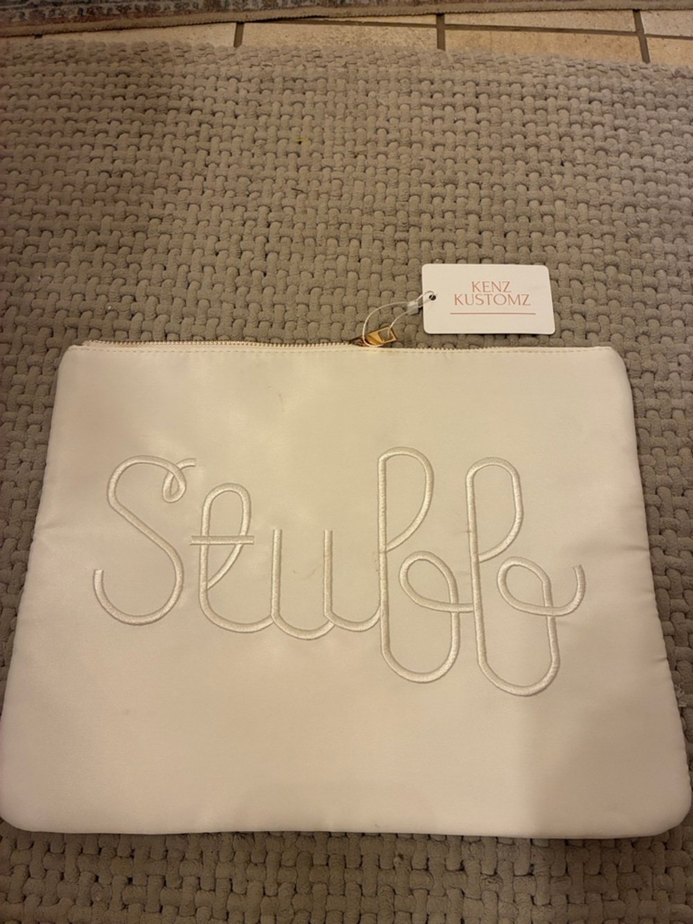 White 'Stuff' Embroidered Cosmetic Pouch